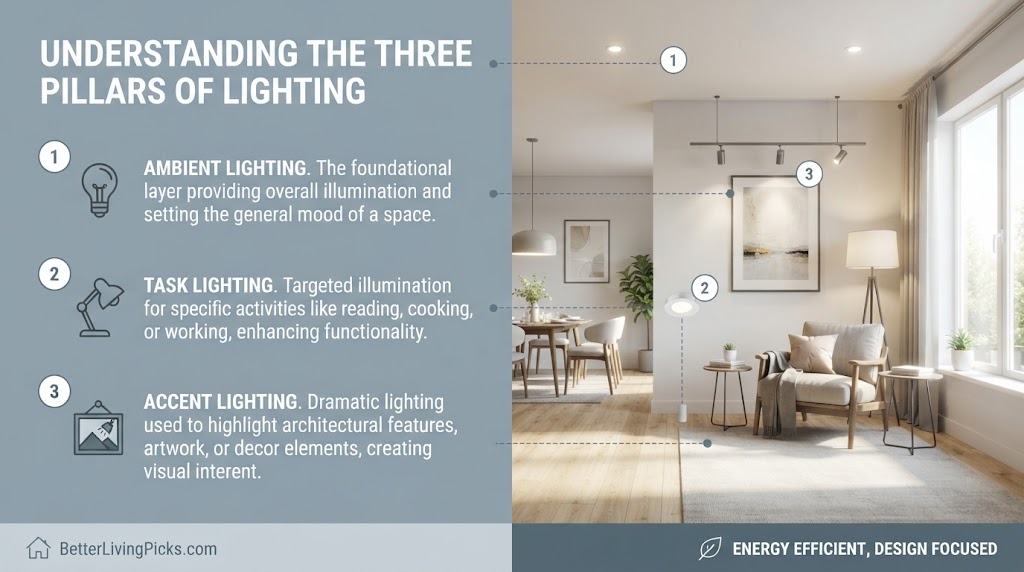 Split-screen feature box infographic for Understanding the Three Pillars of Lighting with a light slate-gray benefit list panel and a bright modern living room lifestyle scene.