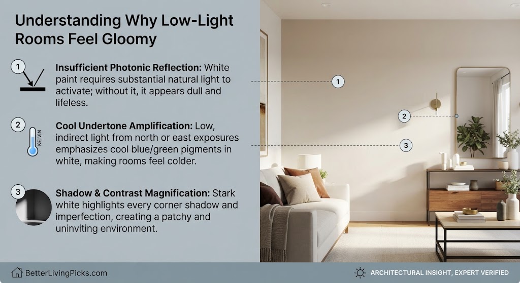 Split-screen feature graphic detailing why low-light rooms feel gloomy, showing numbered design breakdown points on a gray panel alongside a well-lit modern living room interior.