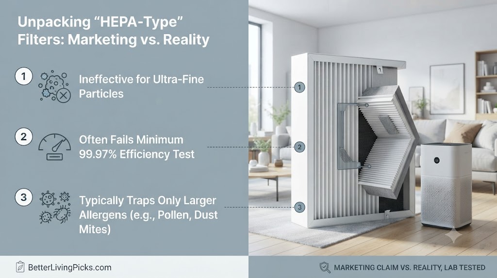 Split-screen infographic contrasting 'HEPA-Type' filter claims versus reality with a physical cutaway model in a living room.