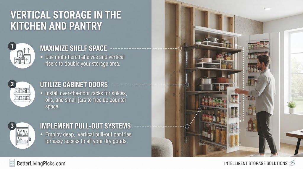 Split-screen feature box image displaying a light gray panel with three numbered kitchen storage points on the left and a brightly lit modern kitchen pantry scene on the right with organized shelving mockups for BetterLivingPicks.com.