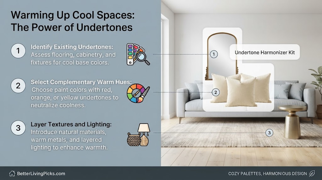 Split-screen infographic illustrating the principles of warming up cool interior spaces, featuring three numbered steps and icons on the left, and a photorealistic living room mockup on the right with product callouts.
