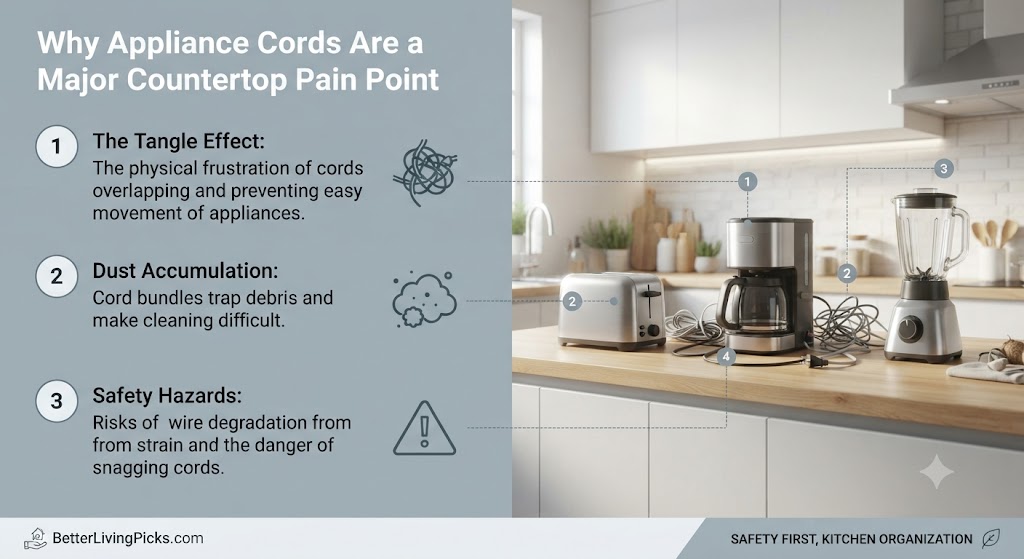 Modern kitchen counter featuring tangled appliance cords with annotated informational points detailing common organizational challenges.