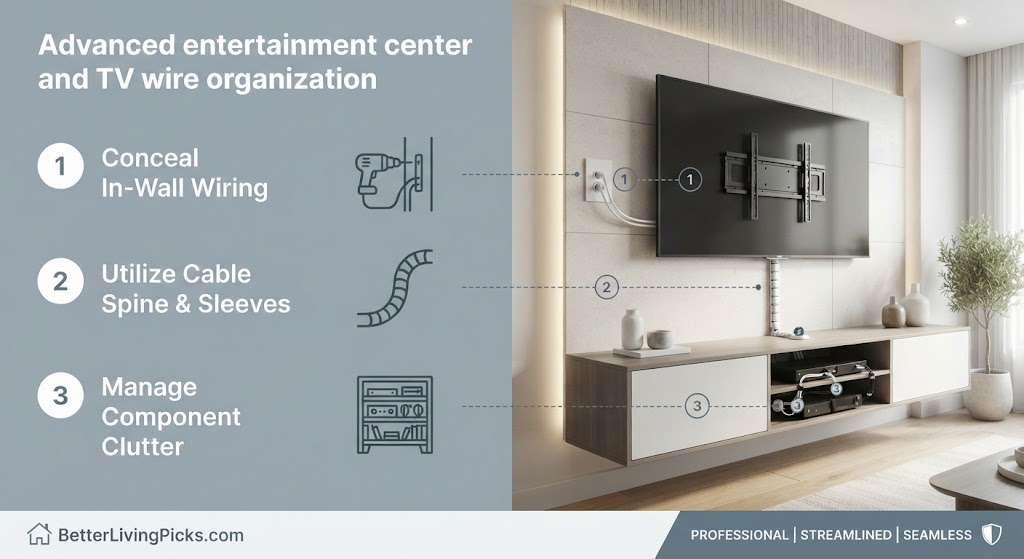 Split-screen infographic showing advanced wire organization methods on the left and a streamlined home theater on the right.
