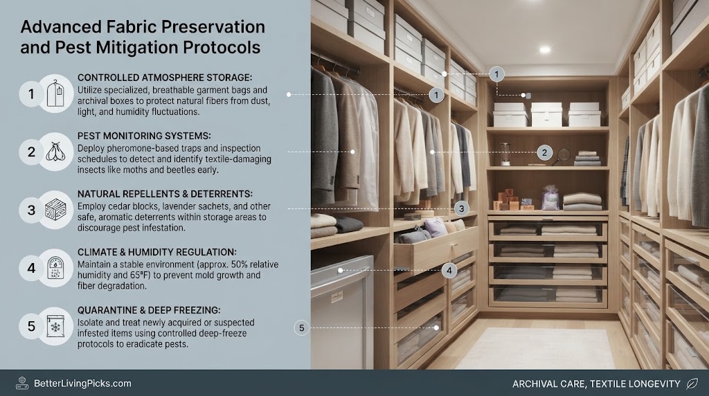 Split-screen infographic detailing 'Advanced Fabric Preservation and Pest Mitigation Protocols' with five numbered points on a gray background and a walk-in closet photo with callouts on the right.