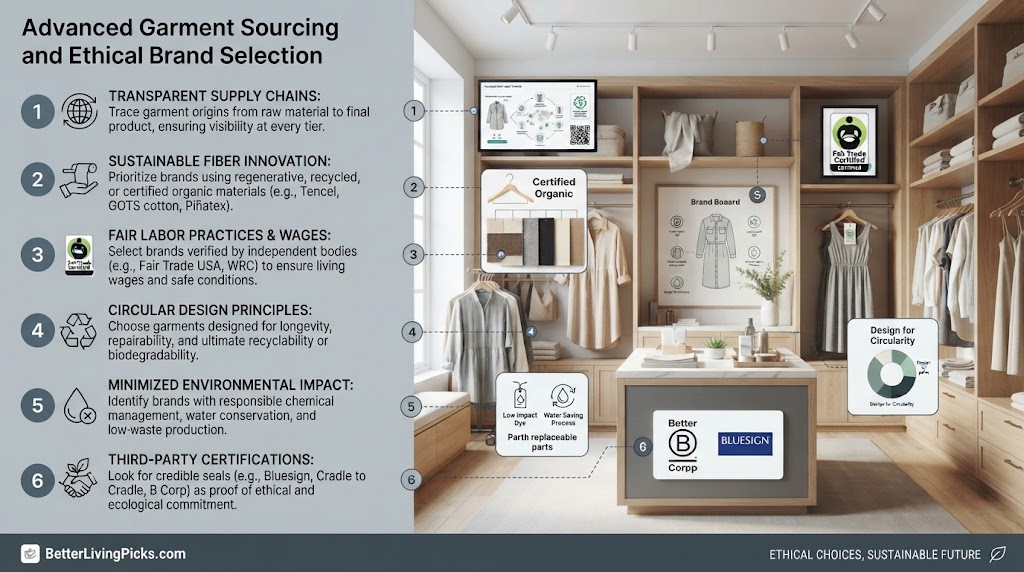 Split-screen infographic titled 'Advanced Garment Sourcing and Ethical Brand Selection' with six numbered points on the left and corresponding illustrations of ethical practices within a clothing boutique setting on the right.