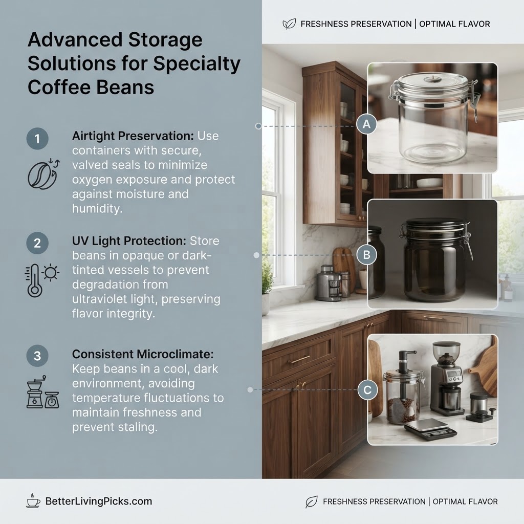 A modern kitchen counter coffee station featuring specialty bean storage canisters, grinders, and a scale, with annotated callouts and informational text.