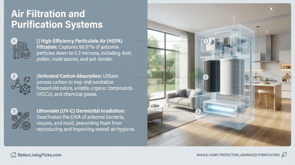 Split-screen infographic illustrating three air purification technologies (HEPA, Activated Carbon, UV-C) with a corresponding modern living room interior.