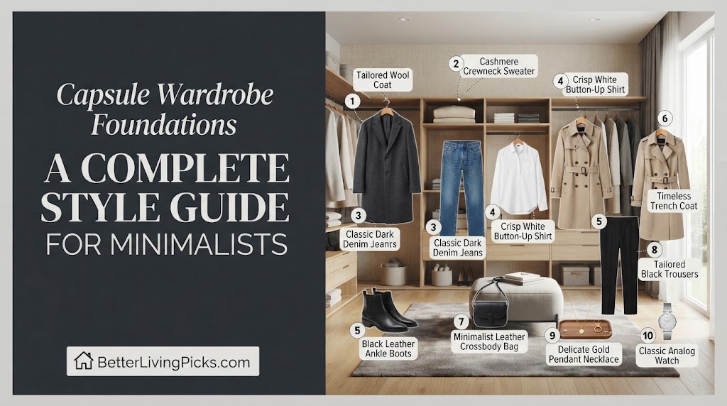 Split-screen infographic for 'Capsule Wardrobe Foundations' featuring text branding on a charcoal background and numbered product callouts in a walk-in closet scene.