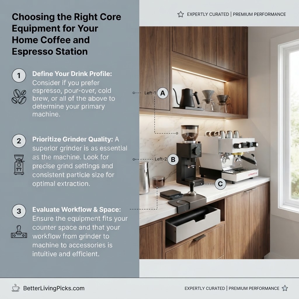 A modern kitchen coffee station featuring an espresso machine, grinder, and pour-over setup, with annotated callouts and informational text.