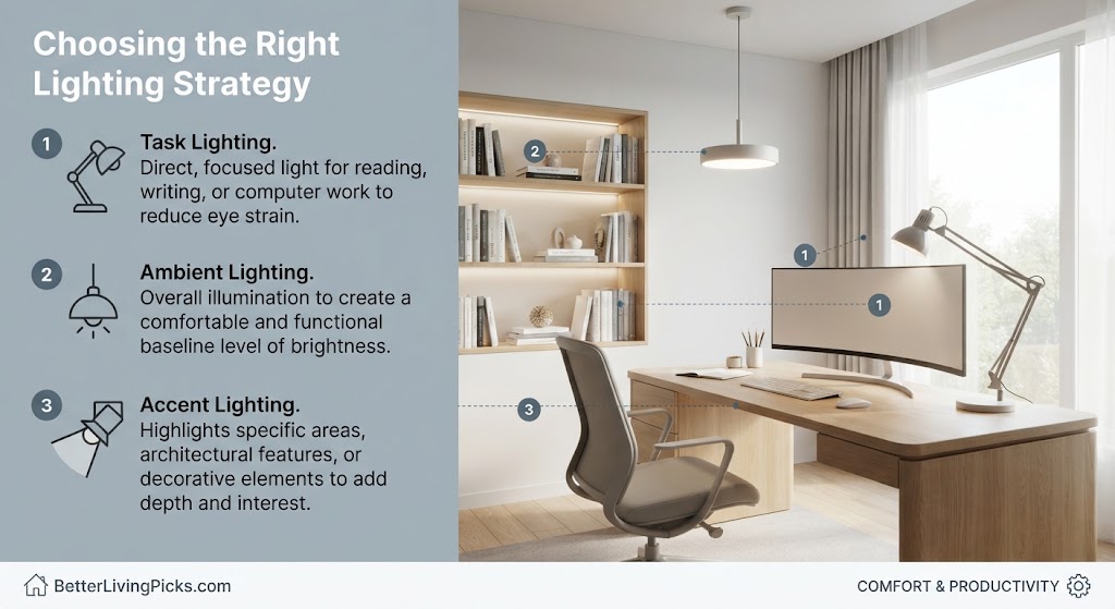 A split-screen infographic demonstrating lighting strategies for a home office, with three numbered points on the left and a corresponding photorealistic room scene on the right.