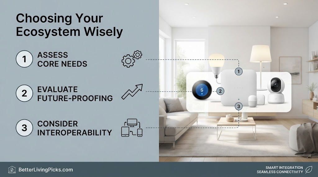 Split-screen infographic showcasing three ecosystem selection steps on a slate-gray left panel and a modern living room interior setup on the right.