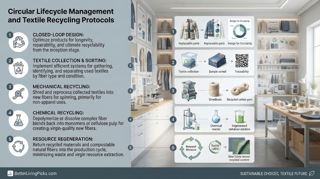 Split-screen infographic titled 'Circular Lifecycle Management and Textile Recycling Protocols' with five numbered points on the left and corresponding process illustrations in a lab setting on the right.