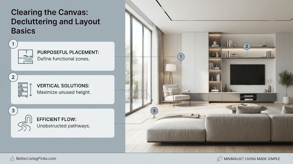 Split-screen infographic illustrating decluttering principles with corresponding modern living room elements and numbered callouts.