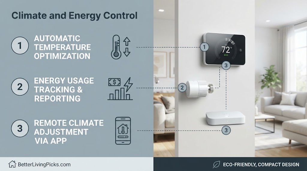 Split-screen infographic comparing smart climate control benefits against a modern living room background.
