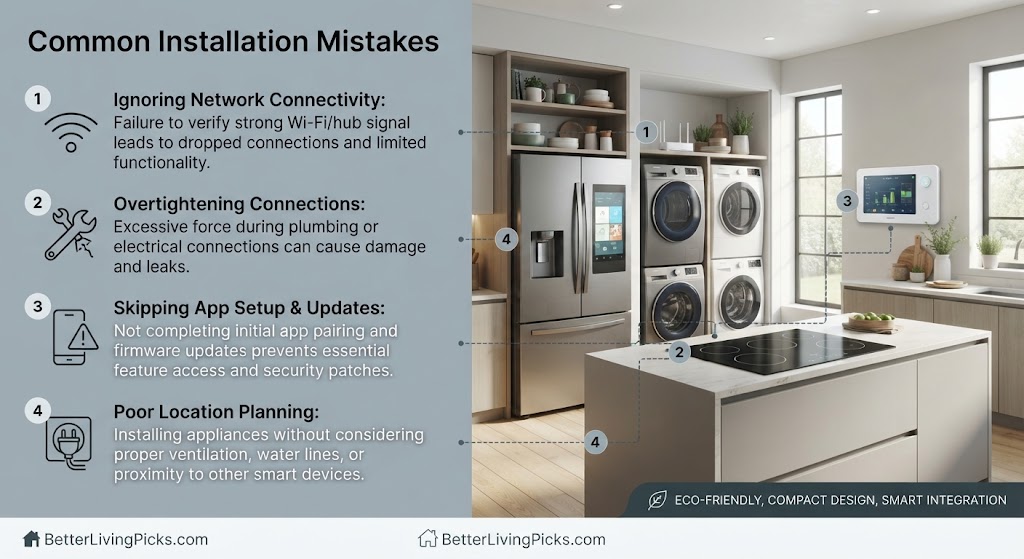 Split-panel infographic comparing installation mistake points against a modern kitchen scene.
