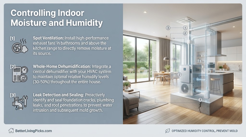 Split-screen infographic illustrating three moisture control methods (spot ventilation, whole-home dehumidification, leak sealing) with a corresponding modern home interior.
