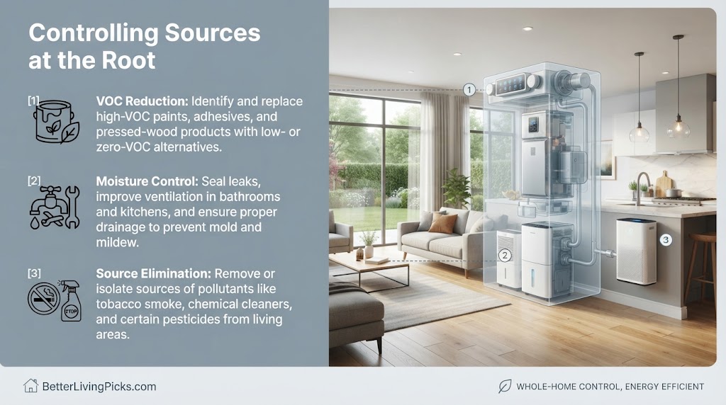 Split-screen infographic illustrating three methods for controlling indoor air pollution at the root with a modern living room scene.