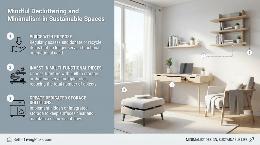 A split-screen infographic; left panel features three numbered points with icons and white text defining biophilic design principles; right panel shows a sunlit modern home office scene with three corresponding numbered callouts pointing to specific plant arrangements.