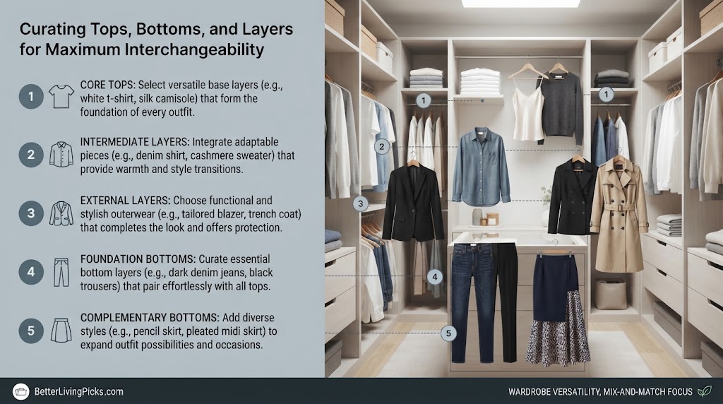 Split-screen infographic titled 'Curating Tops, Bottoms, and Layers for Maximum Interchangeability' with five numbered points on the left and a detailed, organized walk-in closet photo with corresponding numbered callouts on the right.