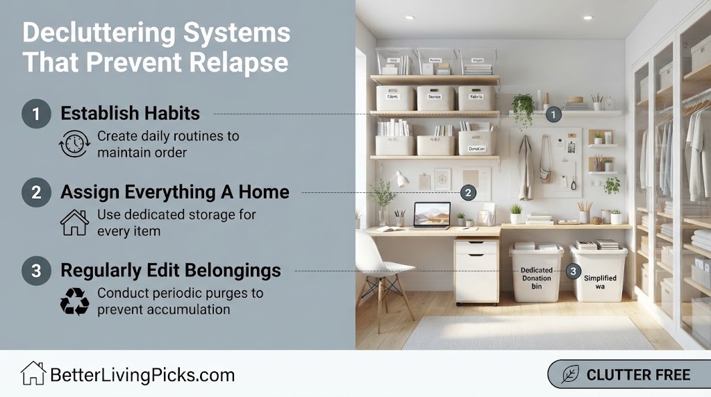 Modern organized studio interior featuring a split-screen layout with an information panel and three numbered decluttering system callouts.