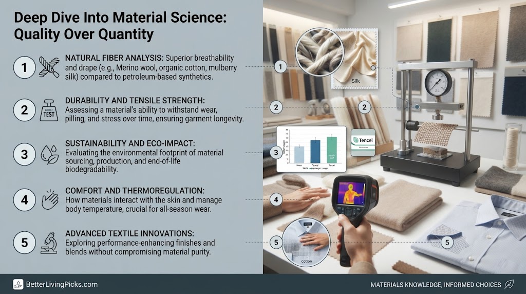 Split-screen infographic detailing 'Deep Dive Into Material Science: Quality Over Quantity' with five numbered points on the left and a materials lab scene with numbered callouts on the right.