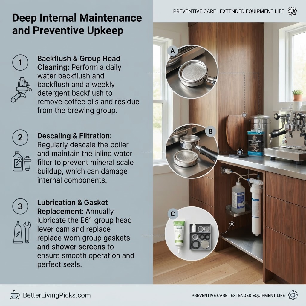 A modern kitchen coffee bar featuring annotated cleaning supplies and tools for espresso machine maintenance.