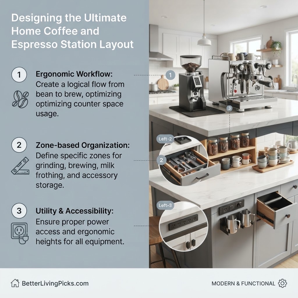 A modern kitchen island featuring a professional-grade espresso machine and coffee grinder, with annotated callouts and an informational text panel.