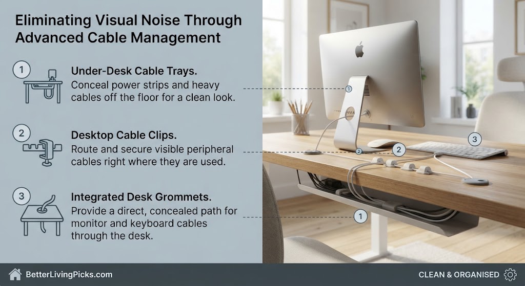 A split-panel infographic illustrating advanced cable management solutions in a home office, featuring three numbered icons and corresponding photorealistic examples.