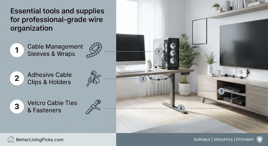 Split-screen infographic showing wire organization tools on the left and a modern home office/media setup on the right, with numbered lines connecting the tools to their application.
