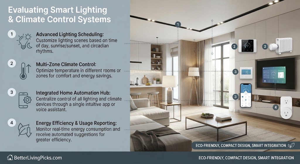 Split-panel infographic comparing smart lighting and climate control system features against a modern apartment scene.