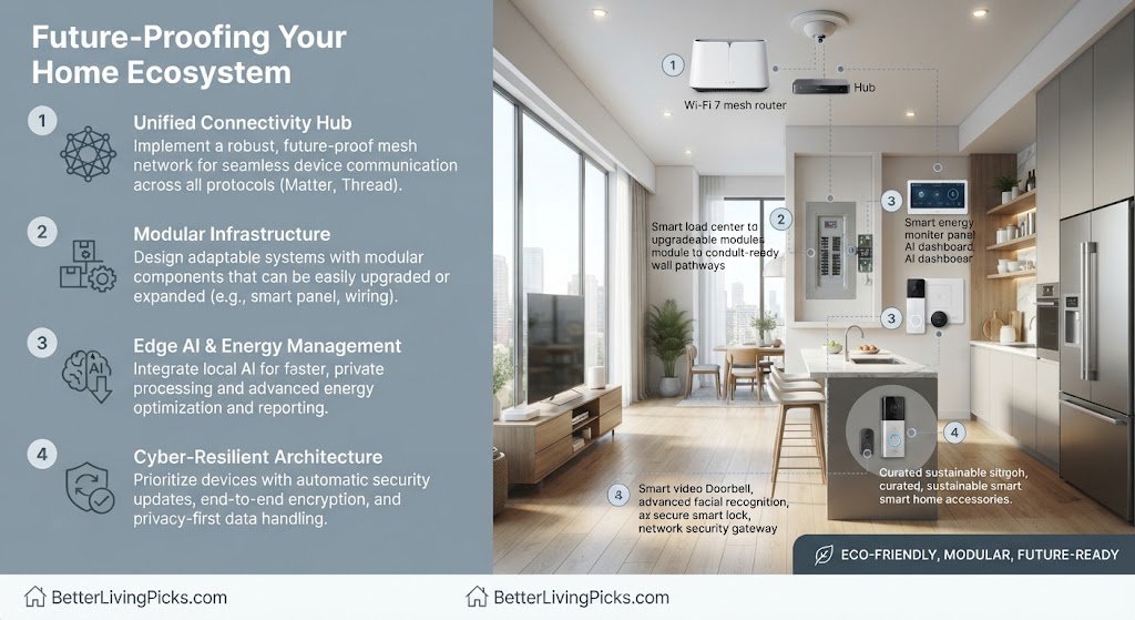 Infographic split-panel showing future-proofing points against a modern smart home scene.