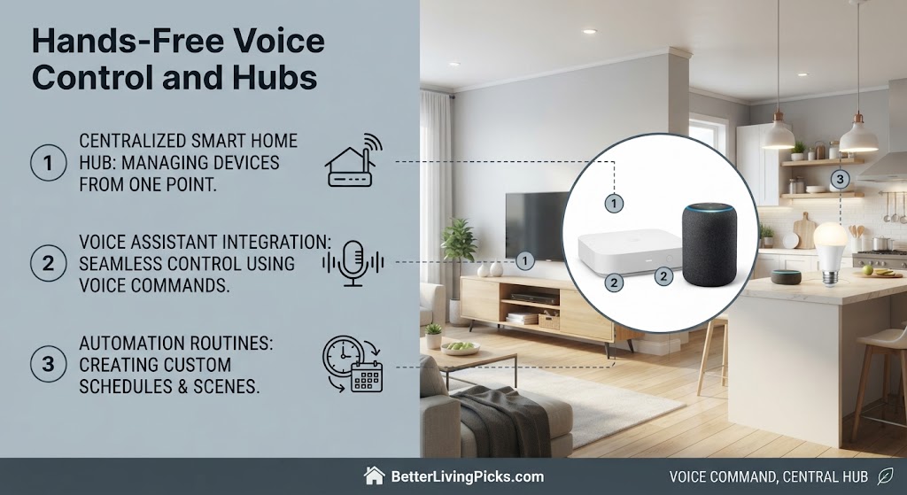 Split-screen infographic showcasing voice control benefits against a modern open-plan home background.