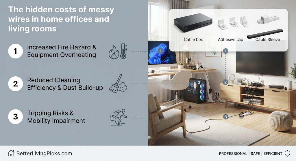 Split-screen infographic comparing the dangers of messy wires on the left with a clean, organized living room and home office on the right.