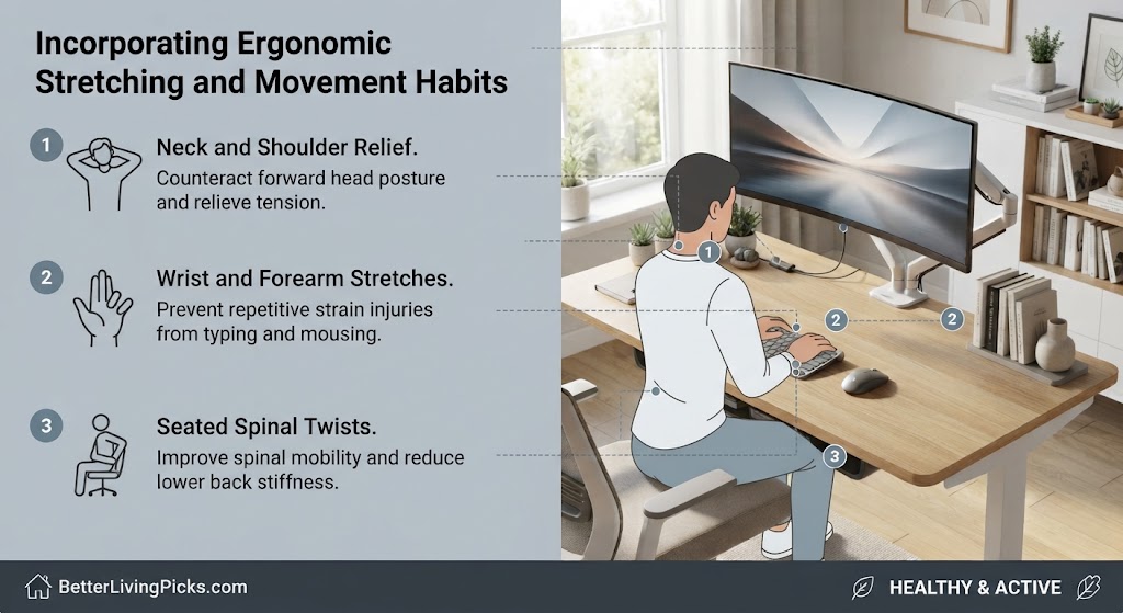 A split-panel infographic demonstrating ergonomic stretches for desk workers, with three numbered points on the left and a corresponding illustration of a person at a desk on the right.