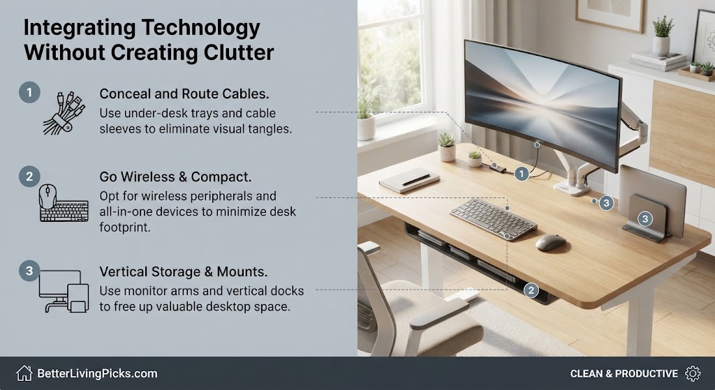 A split-panel infographic illustrating a clean and productive home office setup with three numbered steps and corresponding hardware.