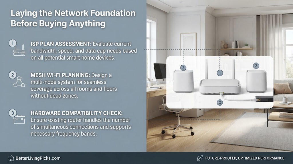 Split-screen infographic showing three network planning steps on a slate-gray panel on the left and a modern home office interior with a mesh router mockup on the right.