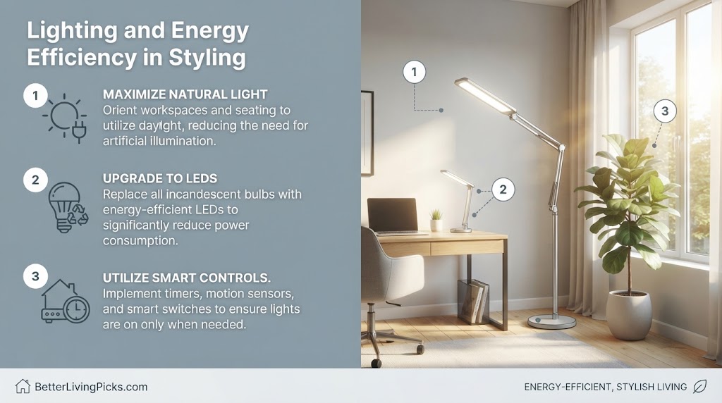 A split-screen infographic; left panel features three numbered points with icons and white text defining sustainable lighting principles; right panel shows a sunlit modern home office scene with three corresponding numbered callouts pointing to specific products.