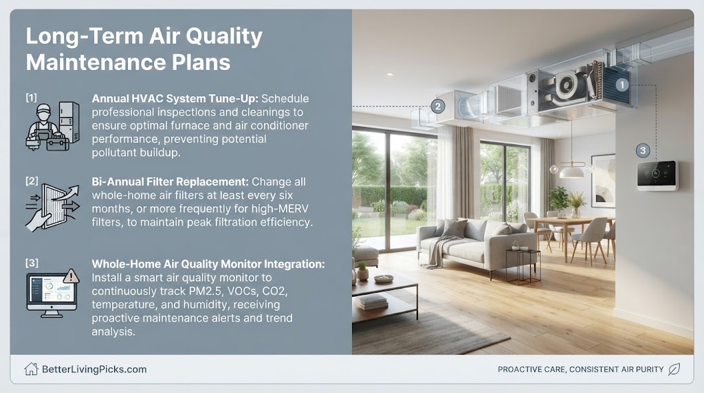 Split-screen infographic illustrating three long-term air quality maintenance steps (HVAC tune-up, filter replacement, monitor integration) with a corresponding modern home interior.