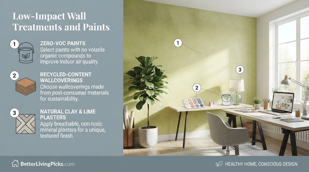 A split-screen infographic; left panel features three numbered points with icons and white text defining low-impact wall treatments; right panel shows a sunlit modern home office scene with a textured accent wall and three corresponding numbered callouts pointing to specific products.