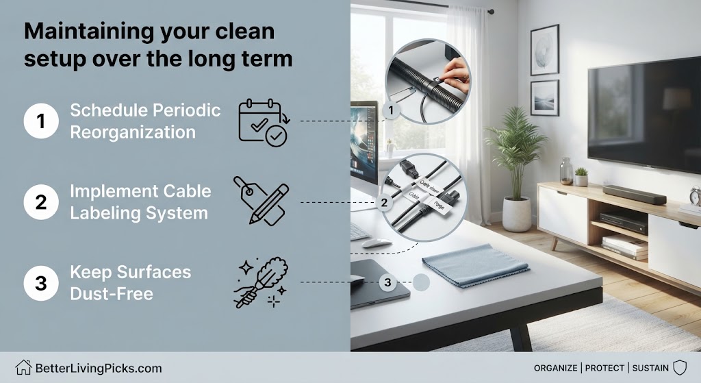 Split infographic panel showing three maintenance steps (reorganization, labeling, dusting) with corresponding lifestyle examples of a tidy office and media room.