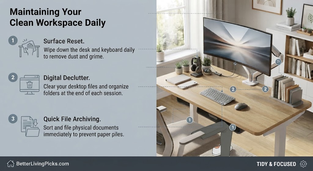 A split-panel infographic detailing a daily workspace maintenance routine, with three numbered steps on a gray panel and a corresponding photorealistic desk scene on the right.
