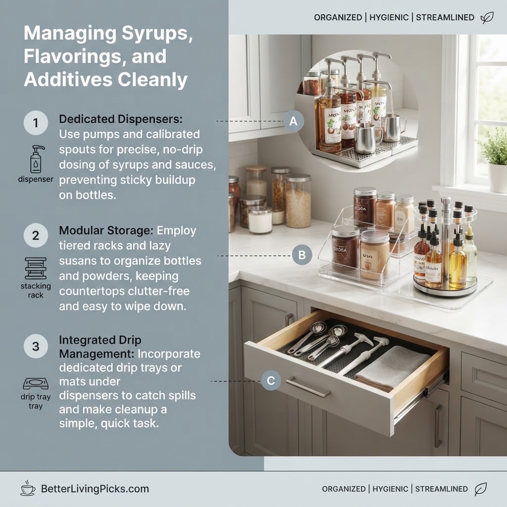A modern kitchen counter coffee station featuring organized syrup dispensers, acrylic racks, and an open utensil drawer with annotated callouts.