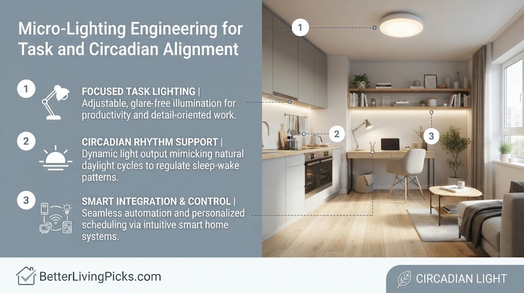 Modern workspace and living interior featuring a split-screen layout with an information panel and three numbered lighting engineering callouts.