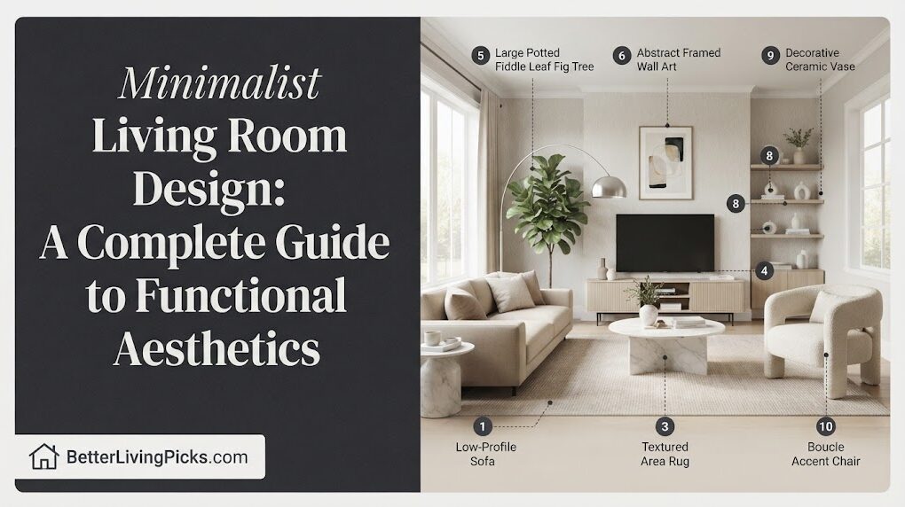 Modern living room featuring a clean layout, neutral tones, and multi-functional wooden furniture against a light gray background with an infographic panel.