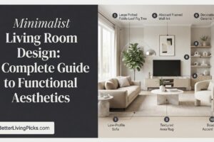 Modern living room featuring a clean layout, neutral tones, and multi-functional wooden furniture against a light gray background with an infographic panel.