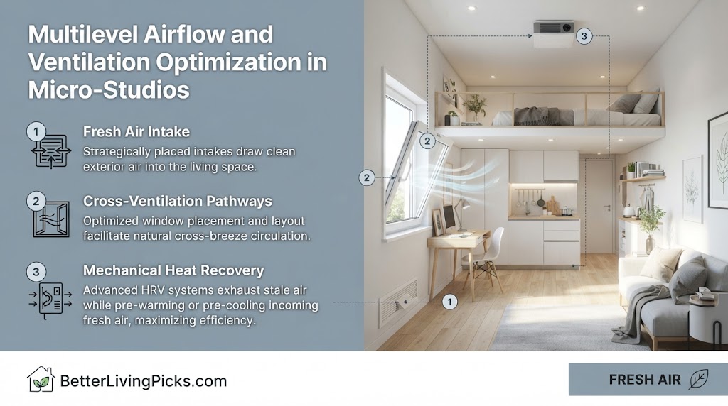 Modern micro-studio interior featuring a split-screen layout with an information panel and three numbered ventilation and airflow callouts.