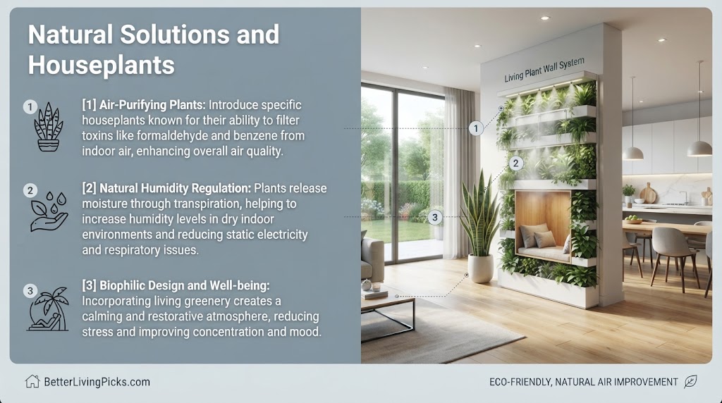 Split-screen infographic illustrating three benefits of houseplants (air purification, humidity regulation, biophilic design) with a corresponding modern living room interior featuring a living wall.