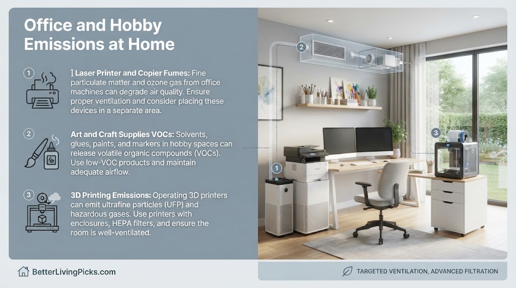 Split-screen infographic illustrating three sources of home office/hobby emissions (printers, craft supplies, 3D printers) with a corresponding modern workspace interior.
