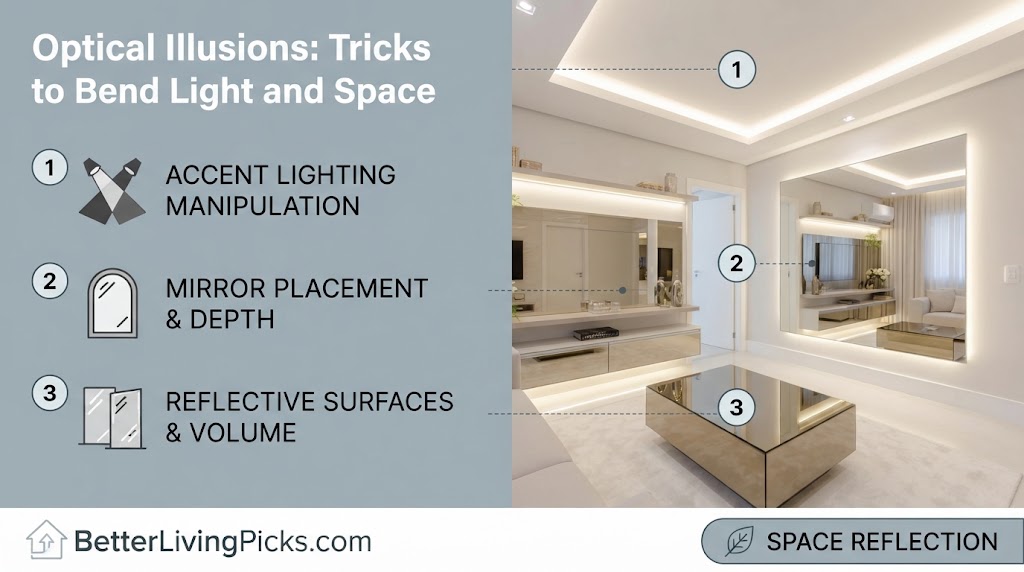Modern living room interior featuring an alternate split-screen layout with a light slate-gray information panel and three numbered lighting illusion callouts.