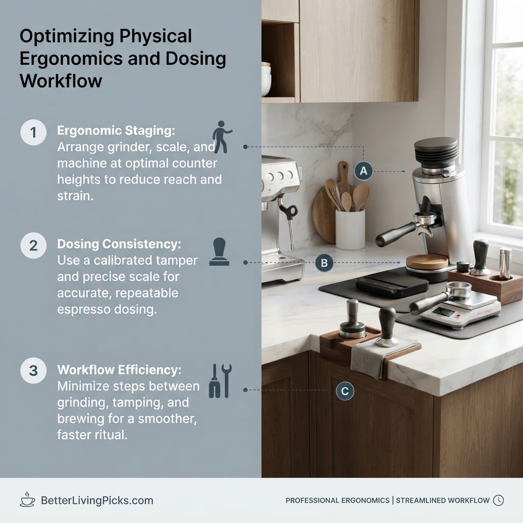 A modern kitchen coffee bar with annotated coffee equipment and an informational text panel detailing ergonomic workflow.